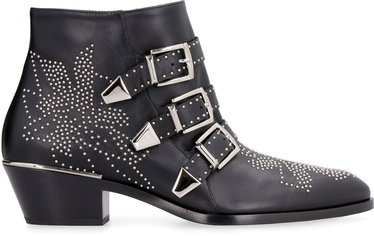 CHLOÉ Studded Leather Ankle Boots - Black, Almond Toe, Side Zip Closure