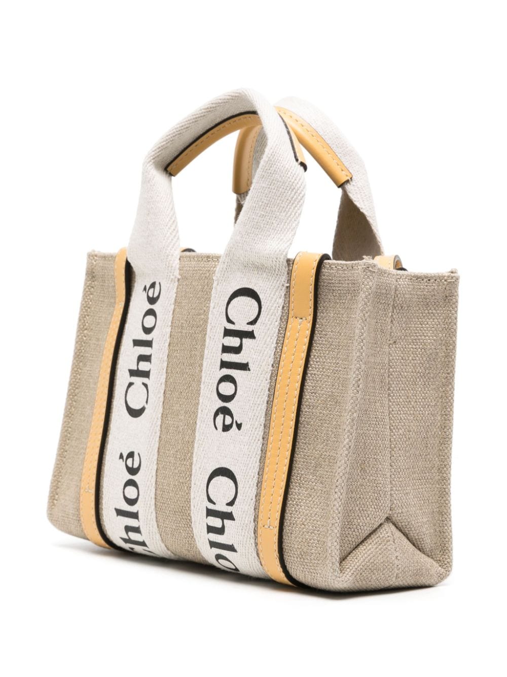 CHLOÉ Mini Almond Beige Linen Tote with Leather Trim and Logo Accents