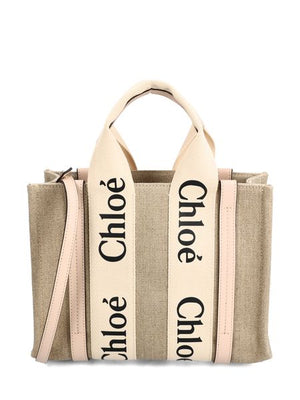 CHLOÉ Beige Linen and Leather Mini Woody Tote - 25x19x8 cm