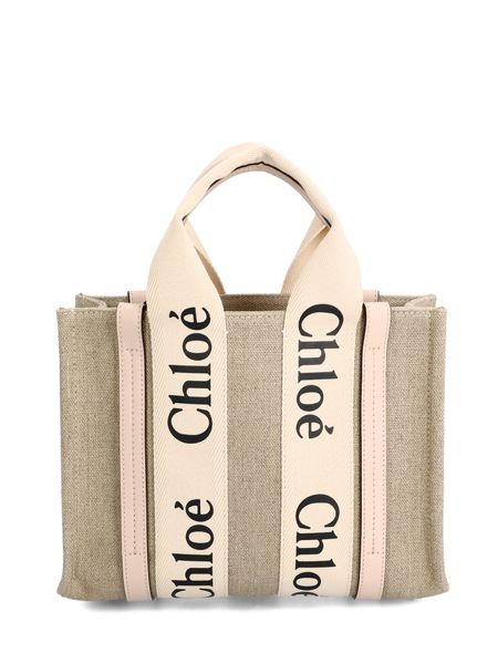 CHLOÉ Beige Linen and Leather Mini Woody Tote - 25x19x8 cm
