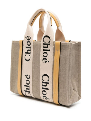 CHLOÉ Small Woody Gold Linen Tote Handbag for Women, Crossbody Shoulder Bag SS24