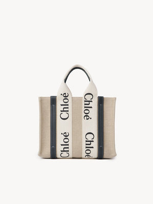 CHLOÉ Small Woody Beige Linen and Leather Tote Handbag 25x19x8CM