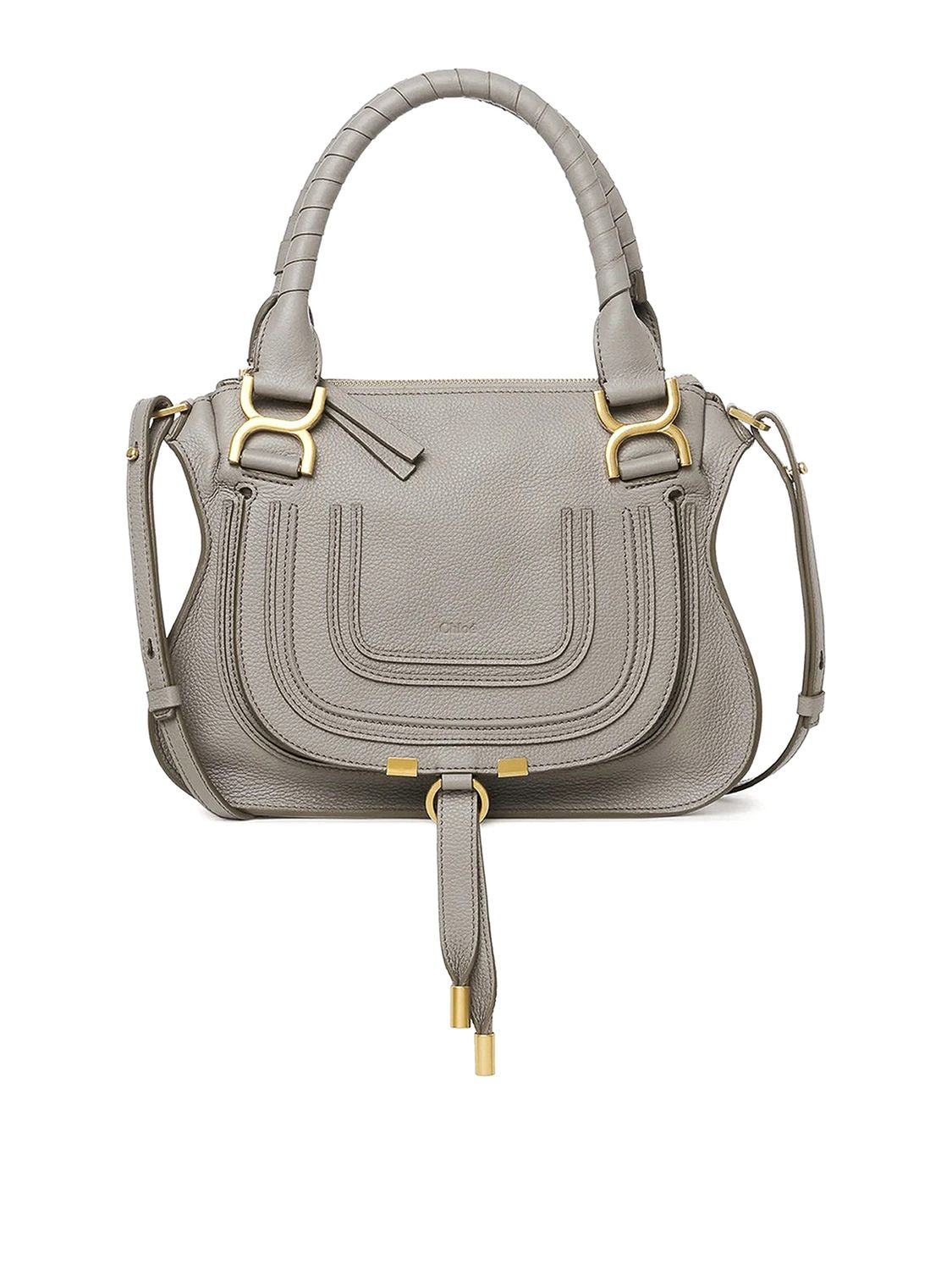 CHLOÉ Women's Marcie Small Double Carry Shoulder Bag in Cashmere Grey, FW23 Collection, 100% Genuine Leather