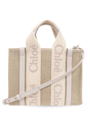 CHLOÉ WOODY SMALL CANVAS AND LEATHER Tote Handbag Handbag