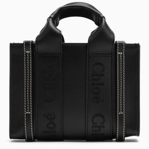 CHLOÉ Black Leather Mini Tote Bag with Logo Ribbon Detail for Women