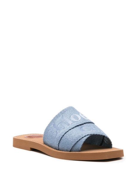 CHLOÉ Washed Blue Denim Logo Sandals for Women - SS24 Season