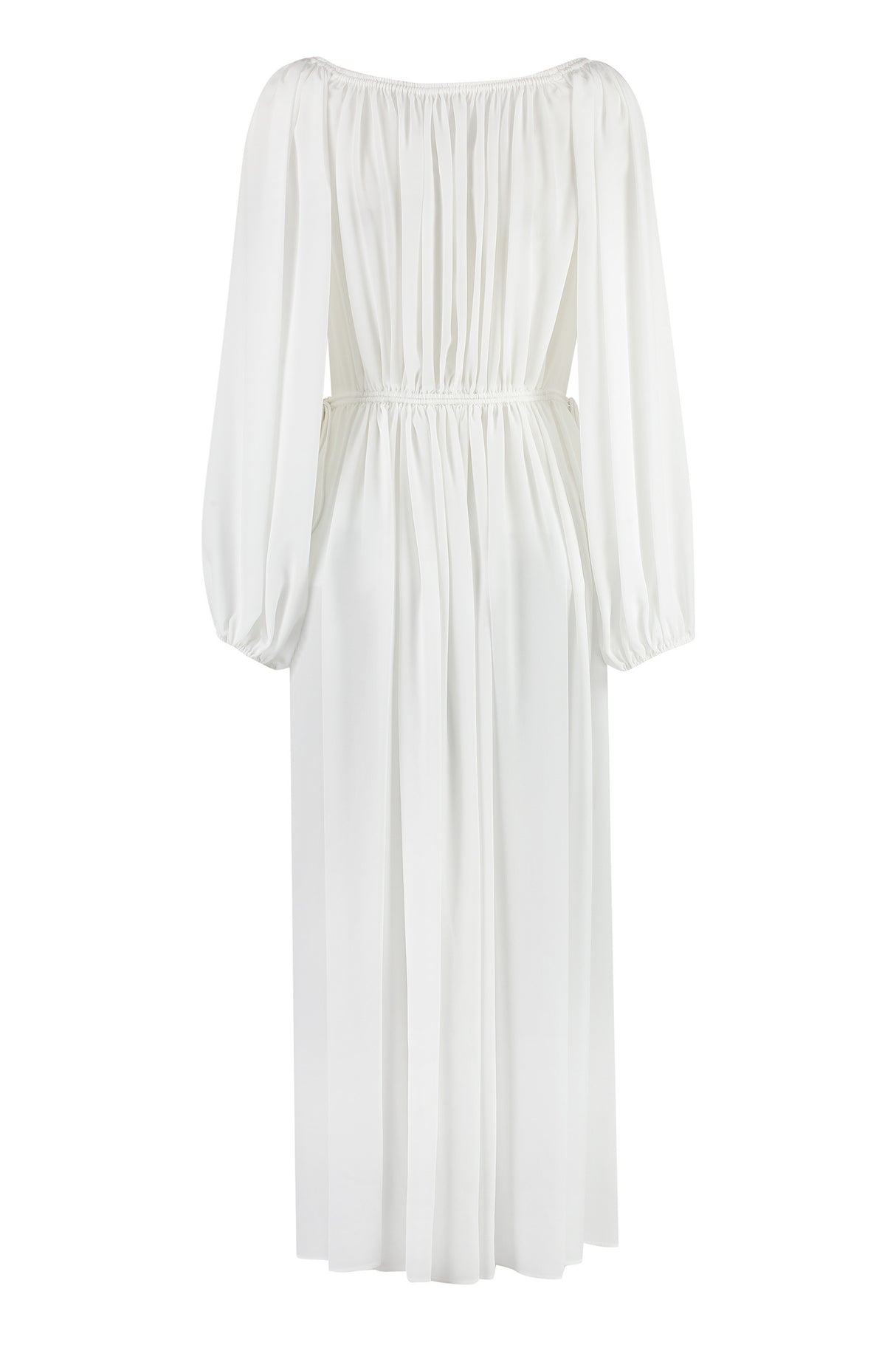 纯白丝质衣衫：女士弹力领口气球袖丝质原色购物 (SS23)