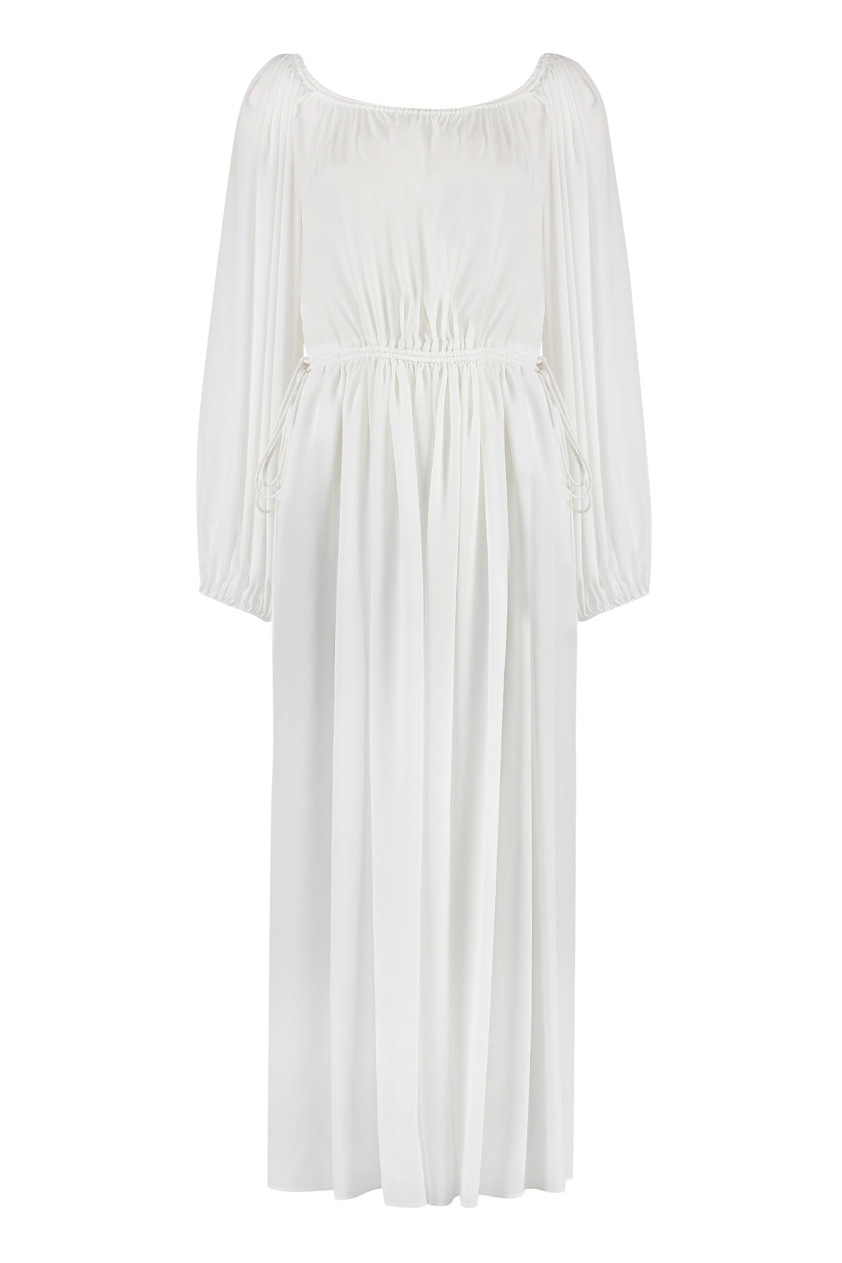 纯白丝质衣衫：女士弹力领口气球袖丝质原色购物 (SS23)
