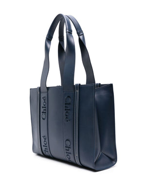 CHLOÉ Navy Leather Woody Medium Tote Handbag for Women