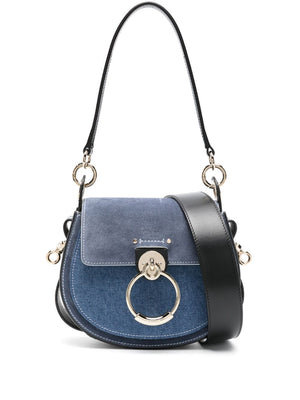 CHLOÉ Small Tess Blue Denim Crossbody Handbag with Leather Accents