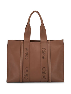 CHLOÉ Woody Large Brown Leather Tote with Suede Lining and Logo Tape Detail