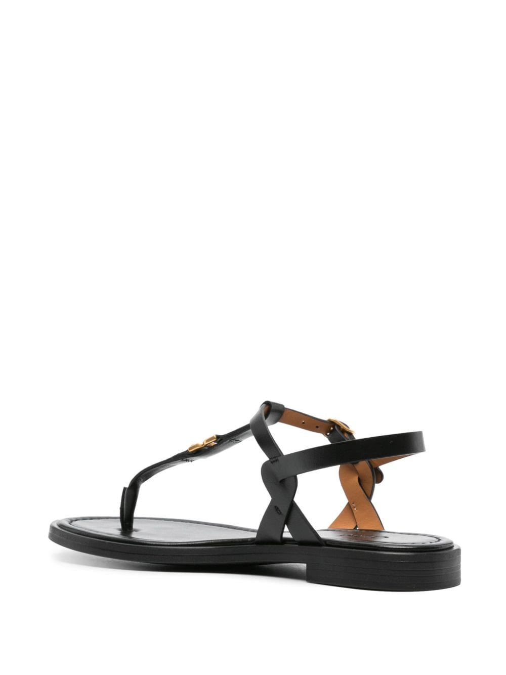 CHLOÉ Sleek Black Leather Sandals with Gold-Tone Hardware and Engraved Logo Details
