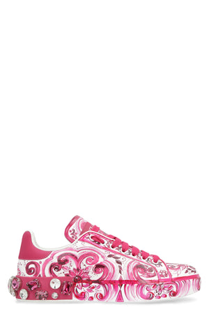 DOLCE & GABBANA Fuchsia MAIOLICA All Over Print Leather Sneakers for Women