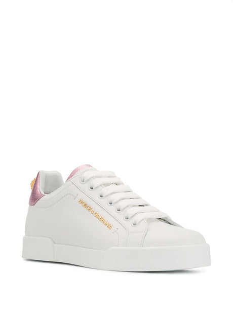 DOLCE & GABBANA White Leather Low-Top Sneakers with Metallic Heel Insert for Women