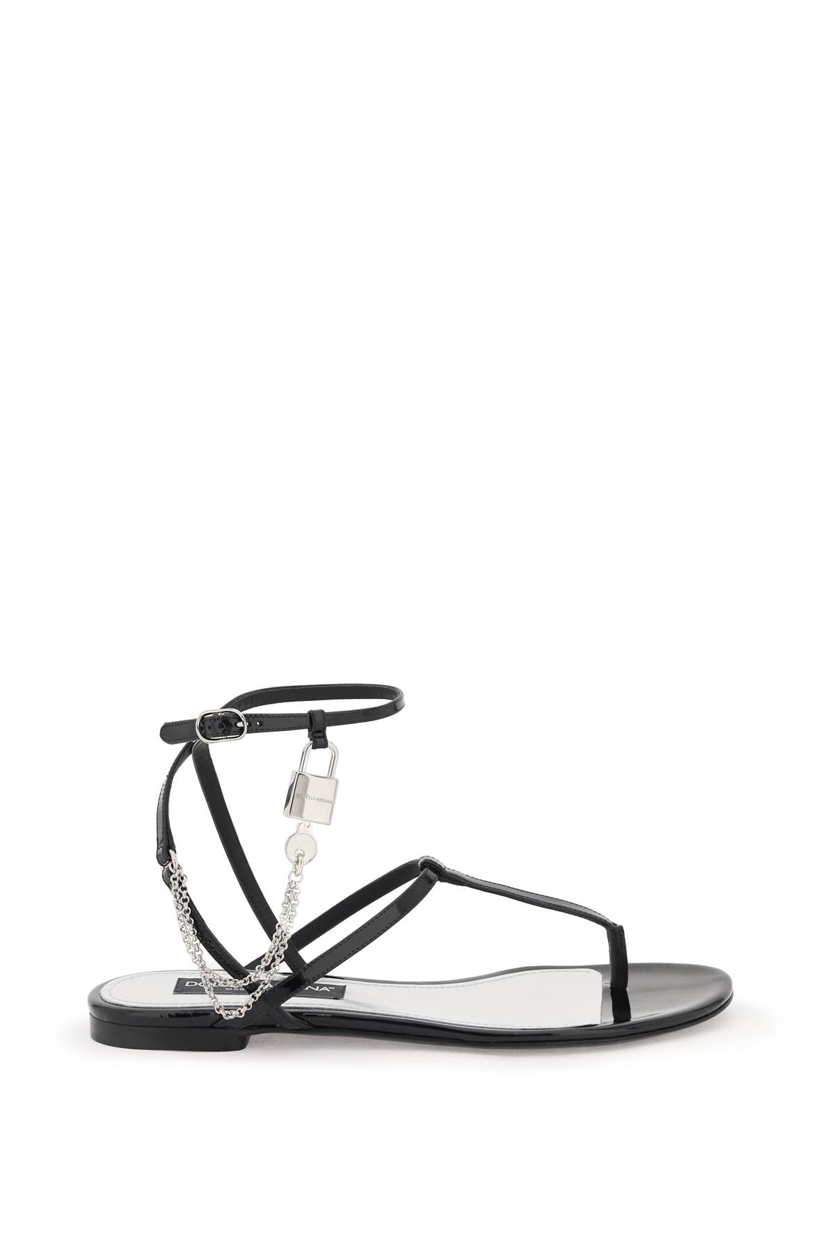 DOLCE & GABBANA Black Patent Leather Thong Sandal with Chain for Women