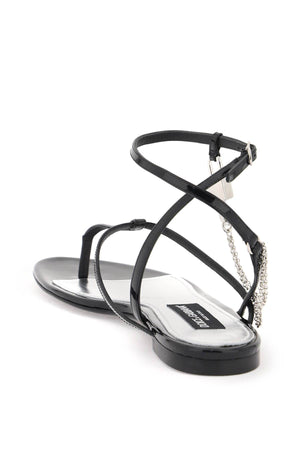 DOLCE & GABBANA Black Patent Leather Thong Sandal with Chain for Women