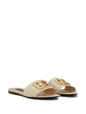 DOLCE & GABBANA Beige Leather Slide Sandals with Gold-Tone Logo for Women