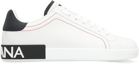 DOLCE & GABBANA Men's White Leather Low-Top Sneakers with Contrasting Color Inserts and Visible Stitching