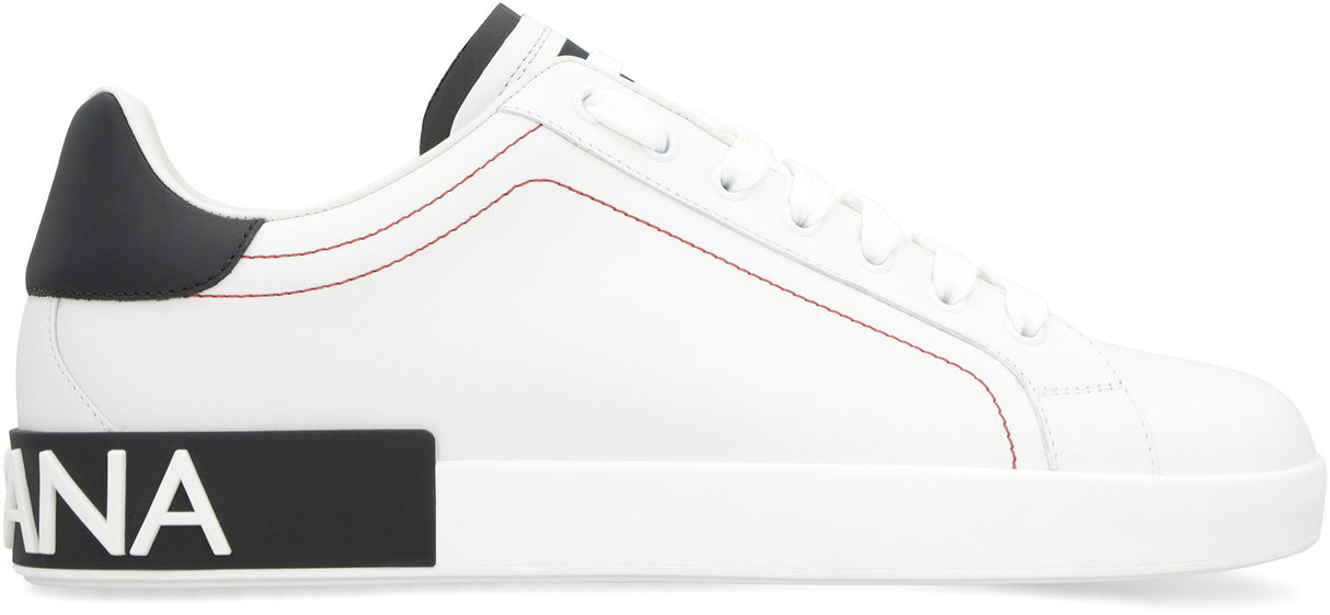 DOLCE & GABBANA Men's Low-Top Leather Sneakers with Contrasting Color Inserts and Visible Stitching
