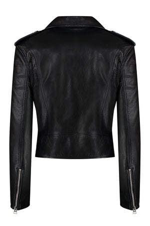 女款黑色皮夹克，配有衬领，带拉链口袋和腰带 (SS24)