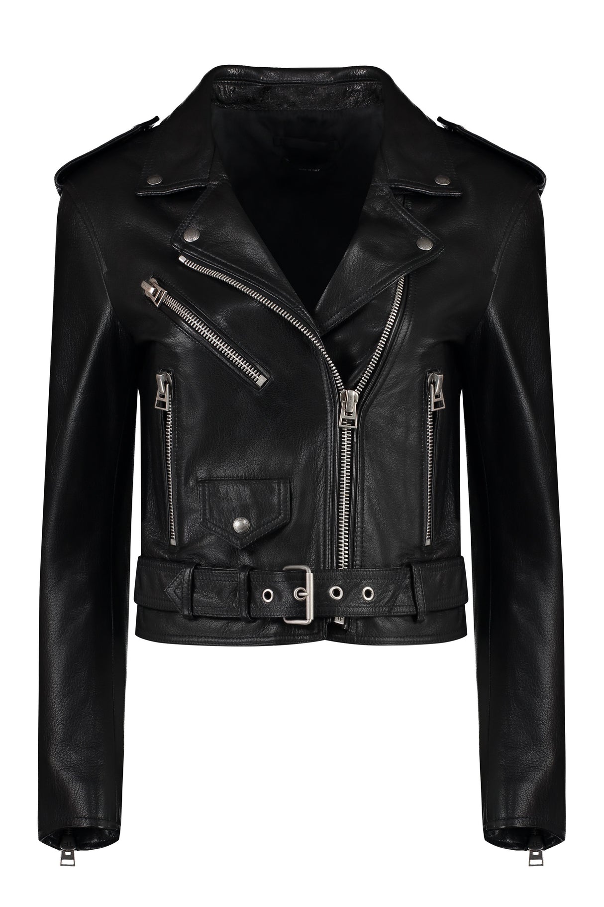 女款黑色皮夹克，配有衬领，带拉链口袋和腰带 (SS24)