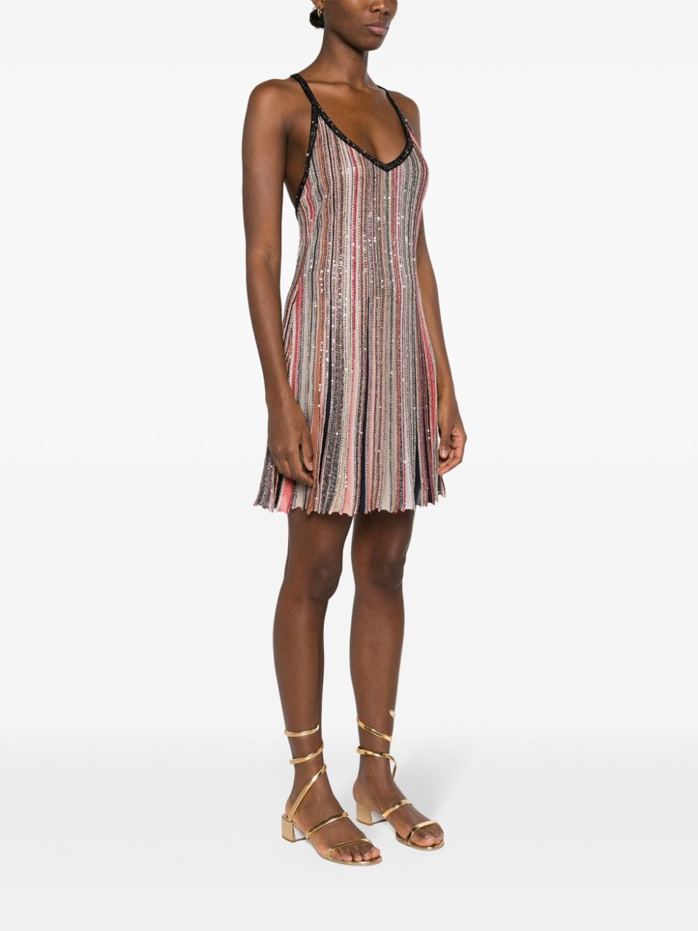 MISSONI Multicolor Striped Sequin Dress with Plunging V-Neck and Criss-Cross Straps