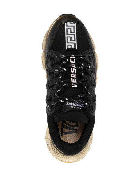 Men's Black Leather Sneakers with Greek Detailing by Versace