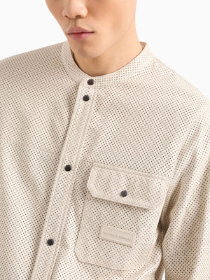 EMPORIO ARMANI Men's Beige Perforated Collarless Shirt for SS24