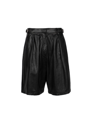 EMPORIO ARMANI Black Pleated Leather Shorts for Women | SS24 Collection