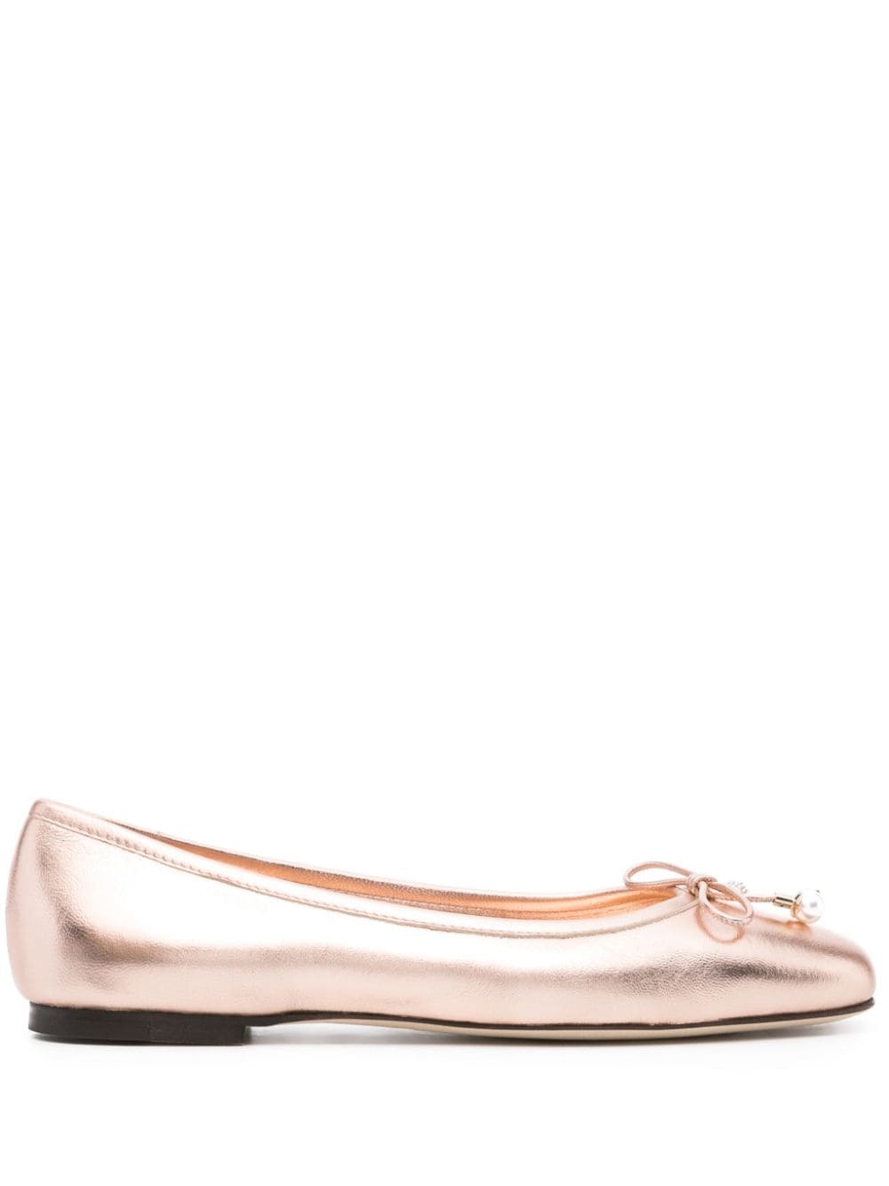 JIMMY CHOO Powder Pink Metallic Leather Ballet Flats with Bow Detailing and Square Toe