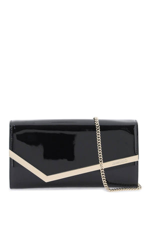 JIMMY CHOO Black Patent Leather Emmie Clutch with Asymmetrical Flap and Gold Metal Hardware
