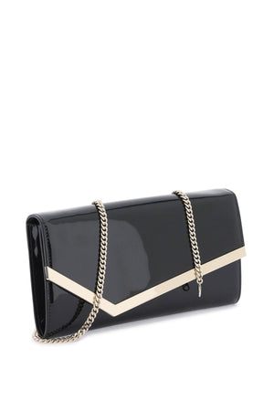 JIMMY CHOO Black Patent Leather Emmie Clutch with Asymmetrical Flap and Gold Metal Hardware