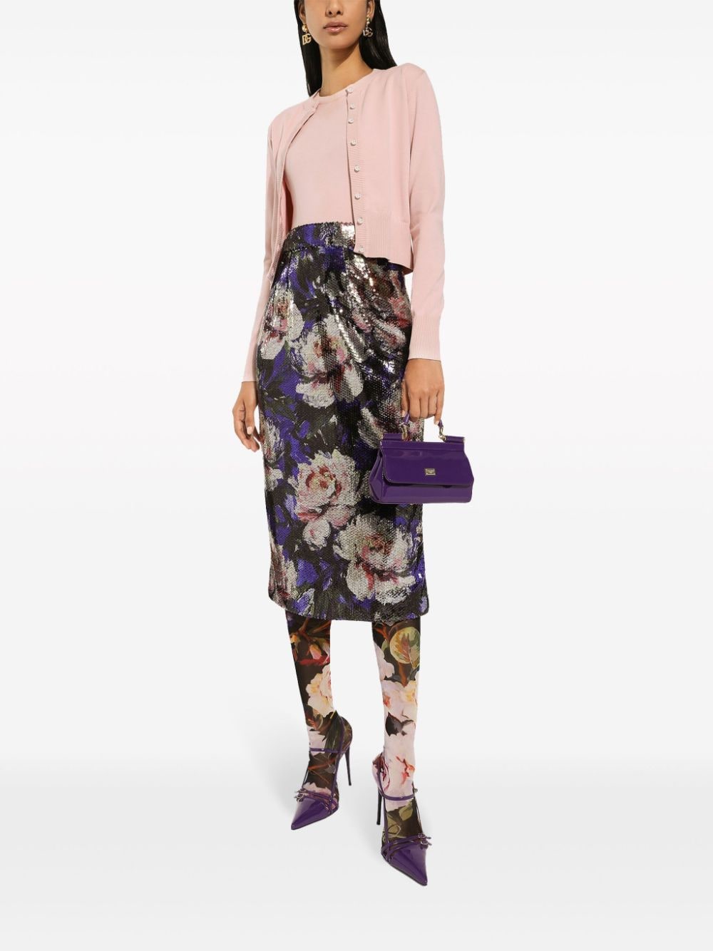 深紫色花卉圖案女士鉛筆裙