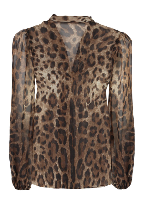 DOLCE & GABBANA Leopard Print Chiffon Blouse with Pussy-Bow Collar