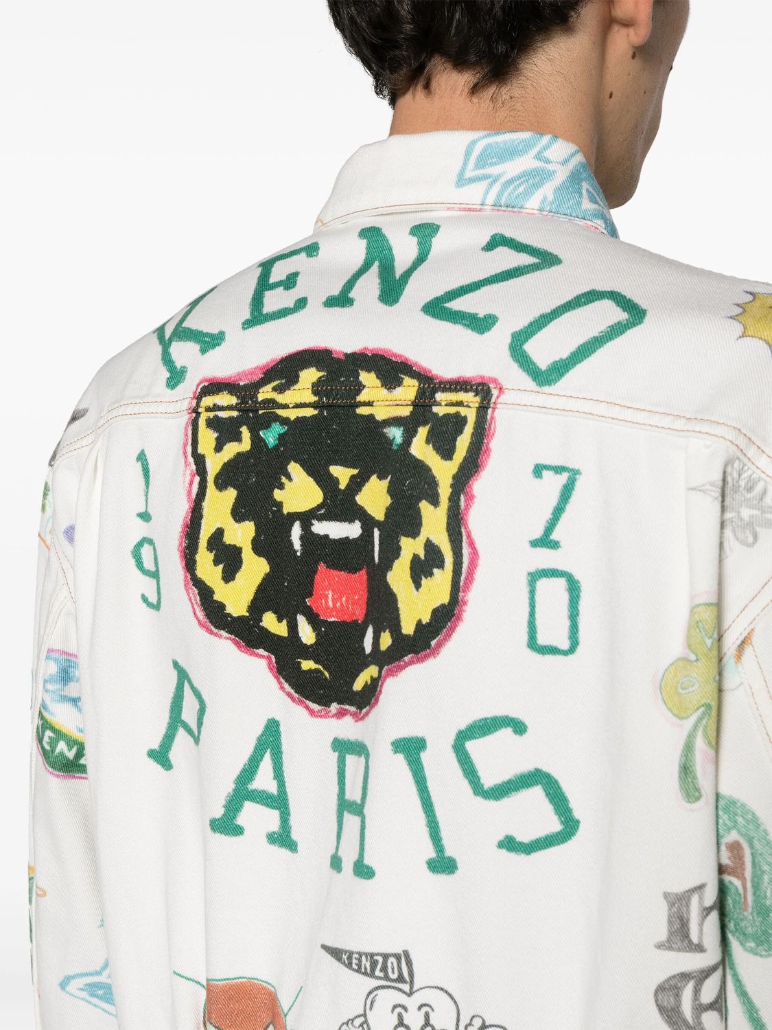 KENZO Men's Varsity Denim Jacket - White/Multicolor, Signature Tiger Print, All-Over Graphic, Fallen Shoulders