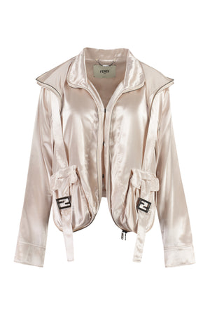 FENDI Light Beige Oversize Satin Jacket with Zip Detail & Baguette Pockets