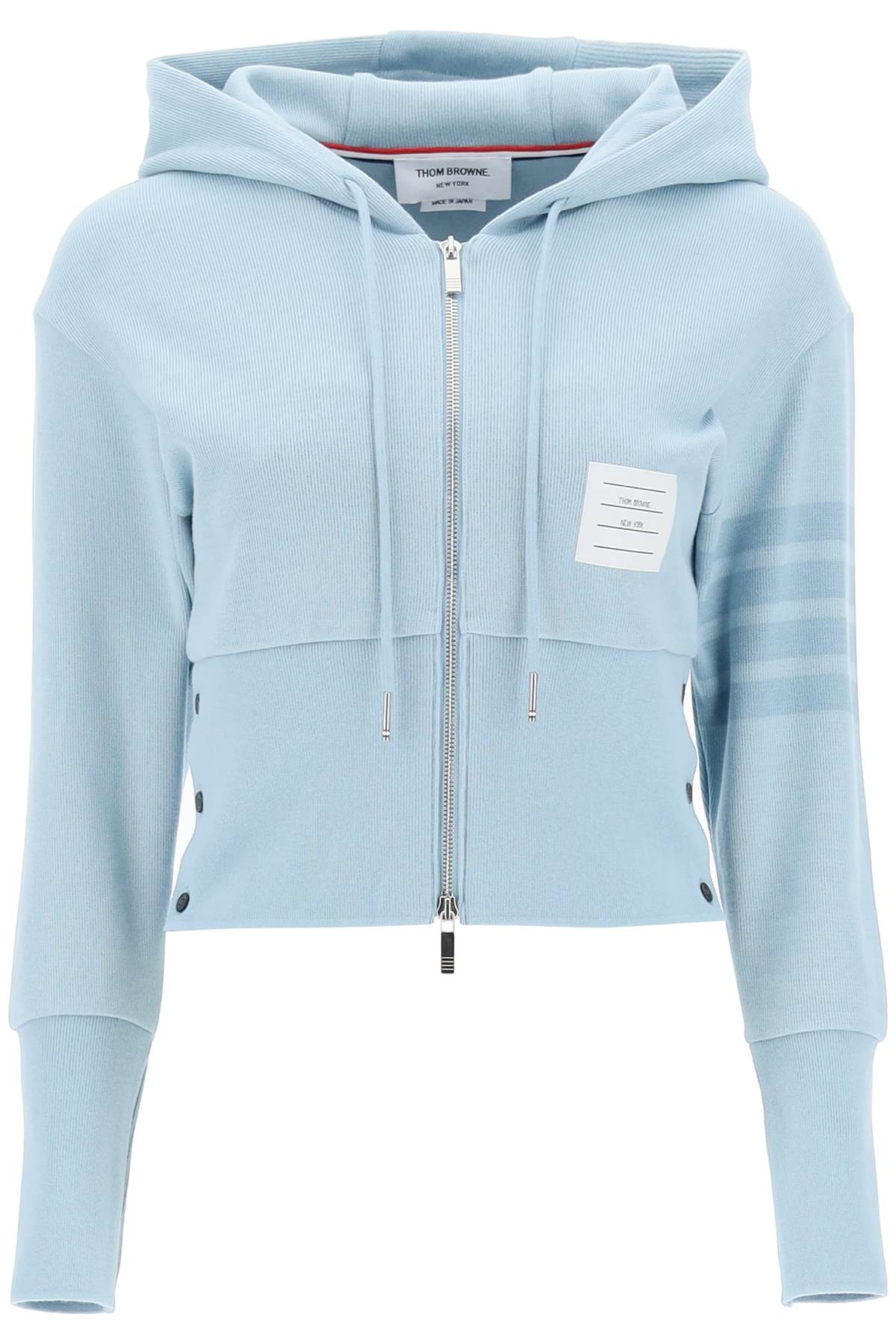 THOM BROWNE Women's Light Blue Cropped Hoodie with 4-Bar Sleeve Design