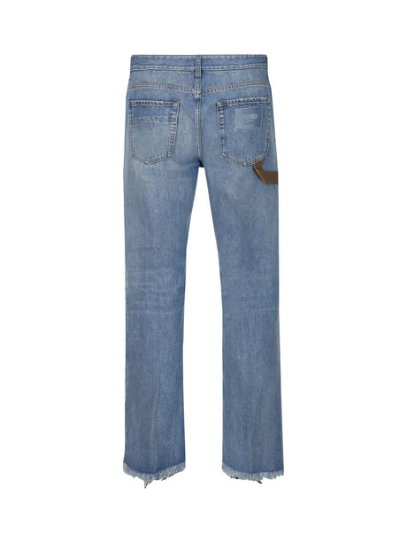 FENDI Light Blue Washed-out Denim Jeans with Suede Inserts and Frayed Hems
