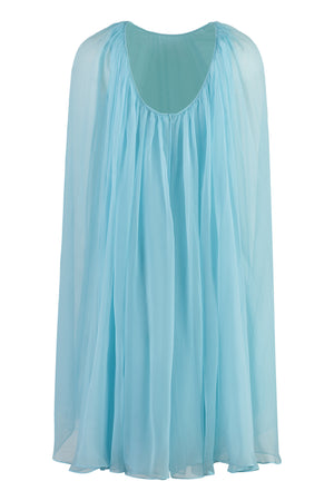 浅蓝色丝绸大摆裙，背部蝴蝶结设计