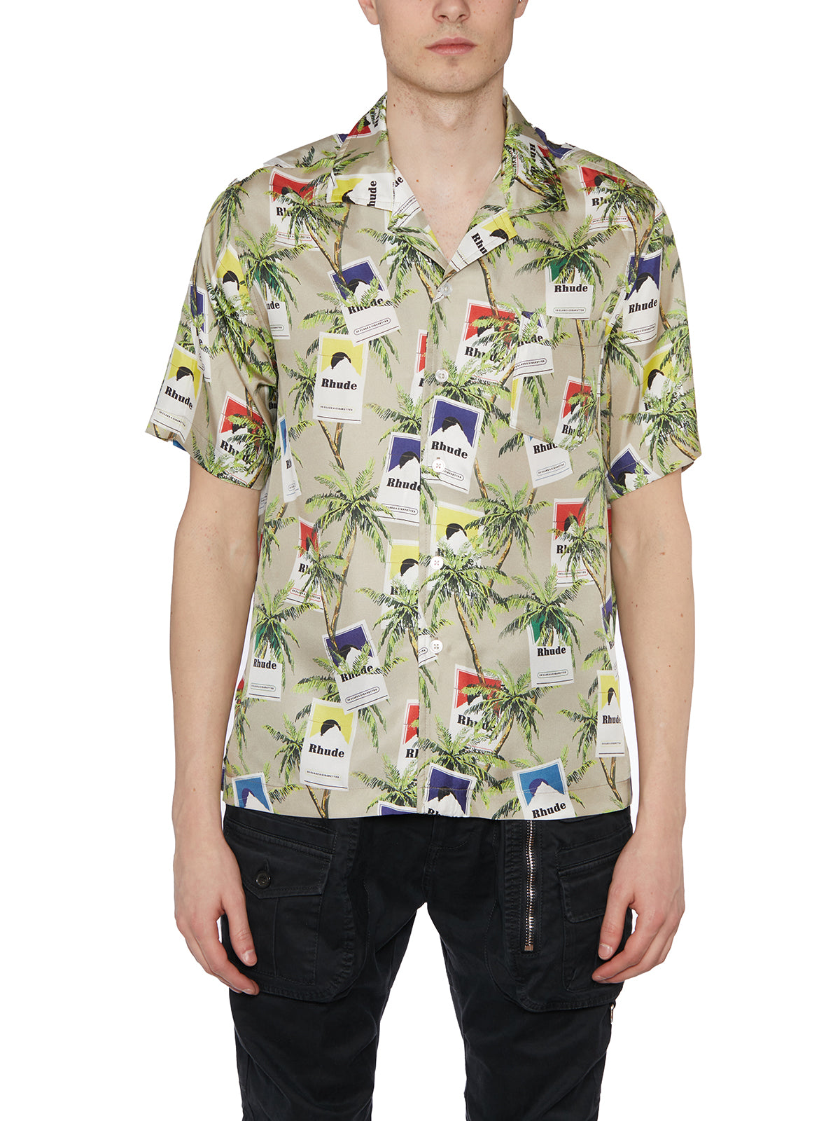 RHUDE Beige Silk Shirt with All-Over Print and Button Front Closure for Men - SS23