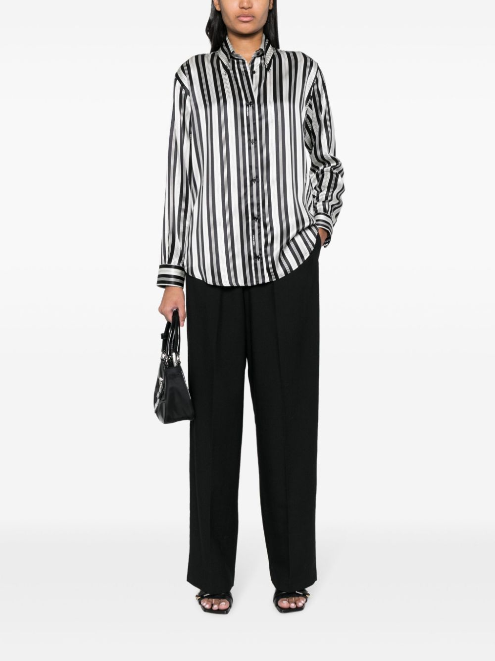 黑白丝质条纹垂直图案女式经典衬衫
