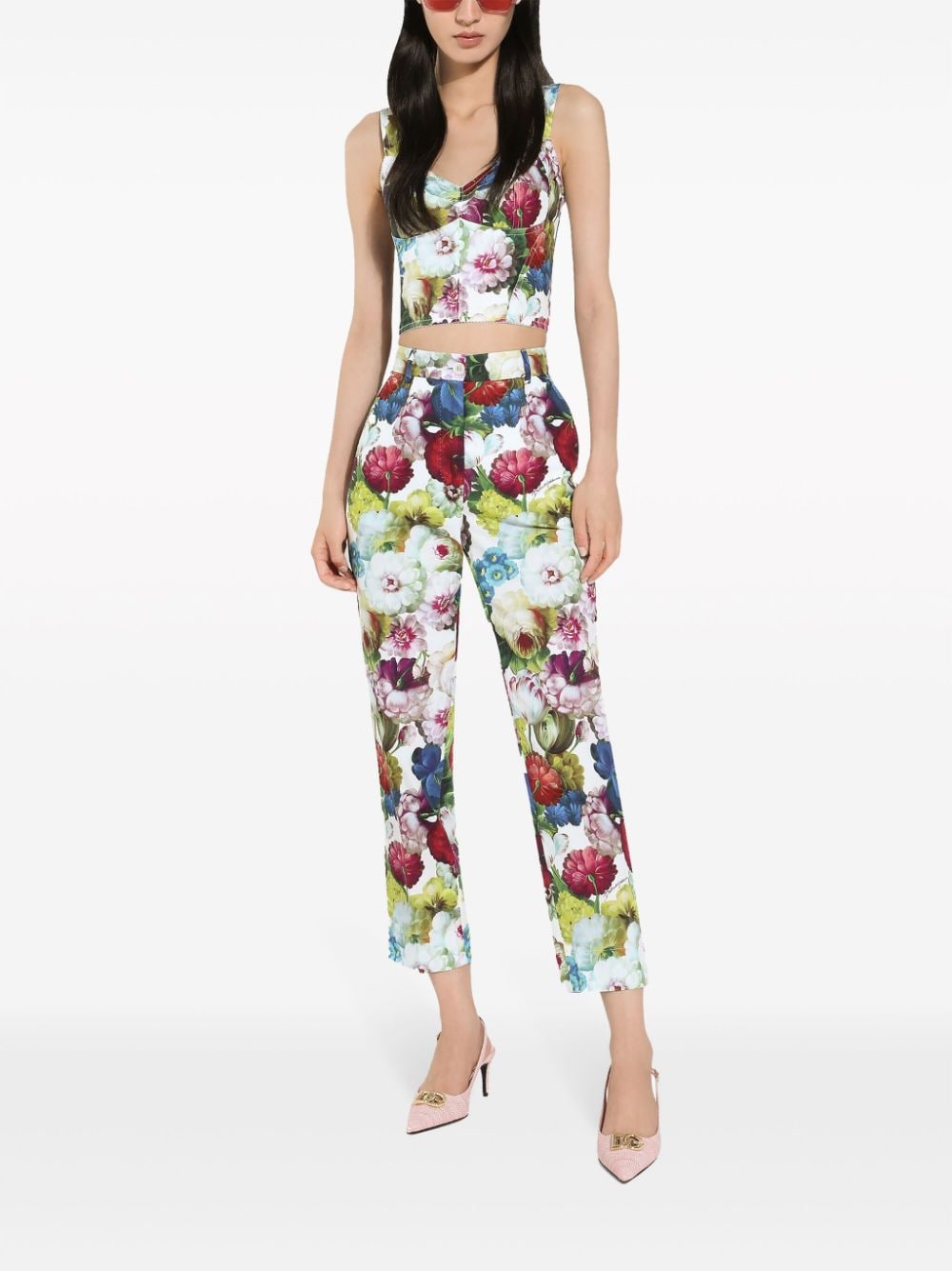 DOLCE & GABBANA Multicolored Floral-Print Cotton Trousers - High Waist, Straight Leg, Women's SS24 Fashion Item