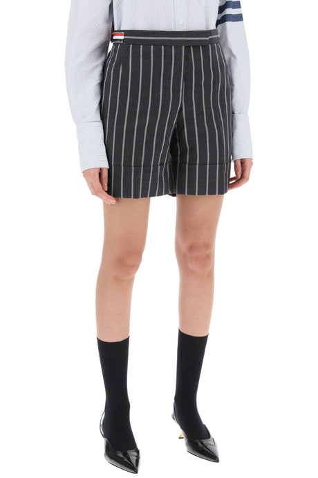 THOM BROWNE Striped Tailoring Shorts in Light Wool with Cuffed Hem