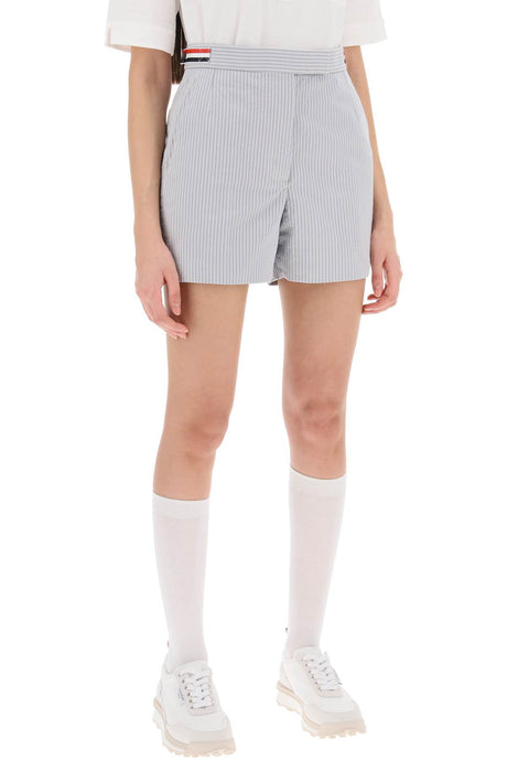 条纹Seersucker棉质短裤，可调节肩带和三色条带