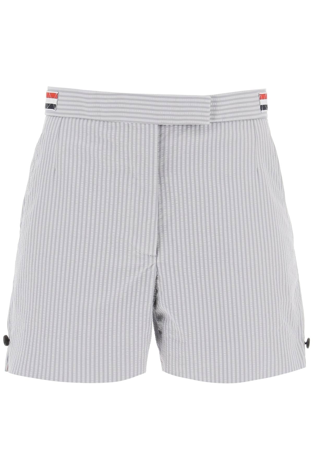 条纹Seersucker棉质短裤，可调节肩带和三色条带