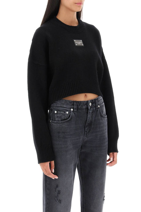 黑色标牌短款毛绒衫 - 女士羊毛&羊绒针织衫