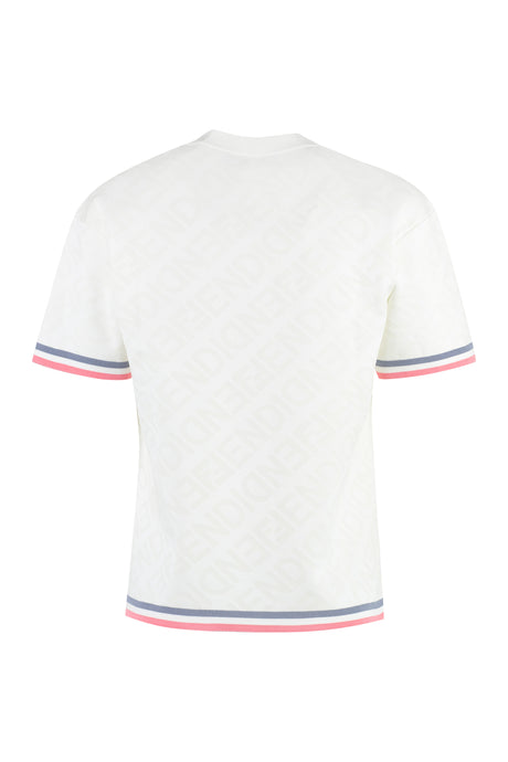 White Jacquard Knit T-Shirt with Contrasting Edges and Fendi Mirror Logo