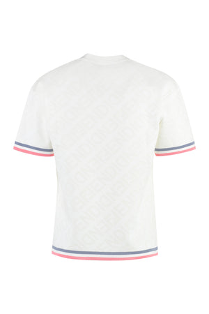 White Jacquard Knit T-Shirt with Contrasting Edges and All Over Fendi Logo for Women
