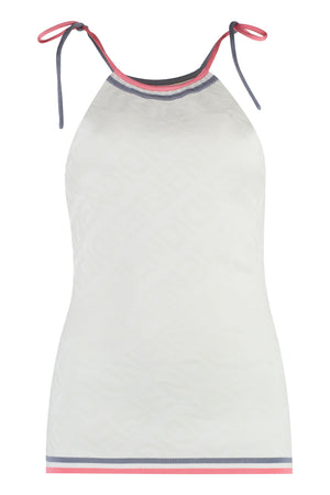 女士白色Fendi SS23 Jacquard Knit短袖上衣，带对比边缘和全镜子标志