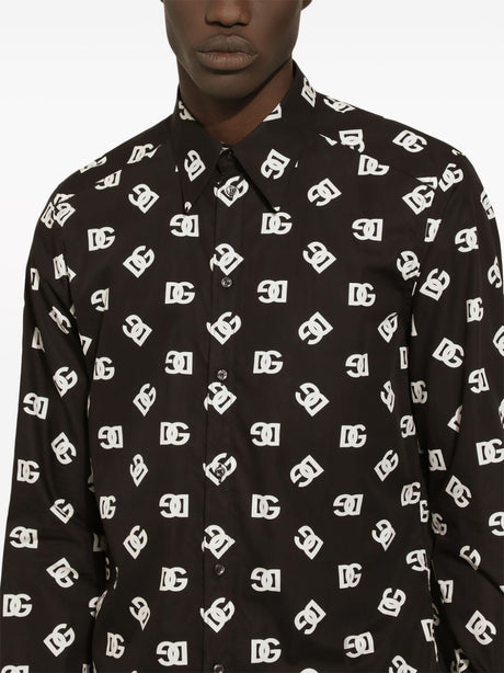 DOLCE & GABBANA Men's Black Cotton All-over Logo Print Shirt - SS24